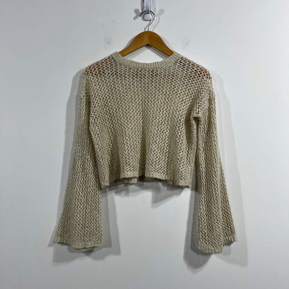 Xhilaration Granola Fisherman Open Knit Crochet Bell Sleeve Sweater Womens Small